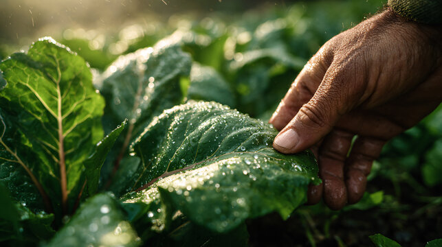 Farmer Hand Inspecting Fresh Green Vegetable Leaves in Organic Farm at Sunrise