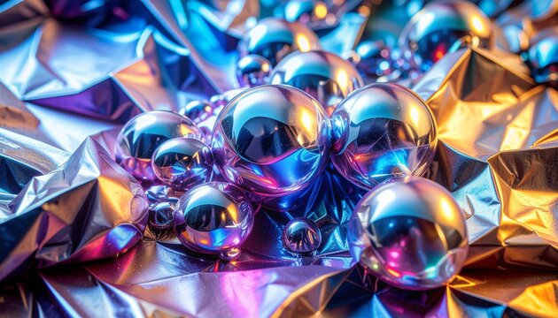 bolle e rilievi su una superficie tridimensionale lucida e riflettente di metallo multicolore