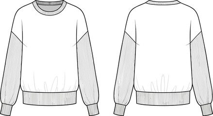 Women Oversized Crew Neck Sweatshirt with Ribbed Drop Shoulder Sleeves and Hem CAD Drawing Flat Vector Illustration for Fashion Design © Fozila