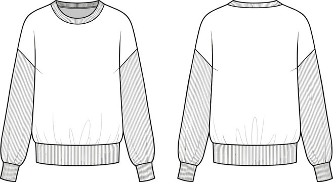 Women Oversized Crew Neck Sweatshirt with Ribbed Drop Shoulder Sleeves and Hem CAD Drawing Flat Vector Illustration for Fashion Design