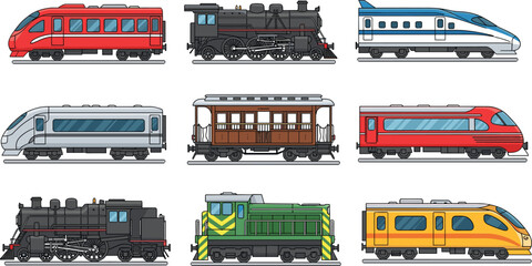 Train Evolution Illustration Set Featuring Vintage Steam Locomotives, Classic Passenger Cars and Modern High Speed Rail Transport Vehicles © Asik