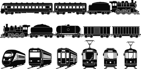 Train Silhouette Collection Featuring Steam Locomotive, Freight Wagons, Passenger Coaches and Modern Metro Rail Vehicles for Transportation Design © Asik