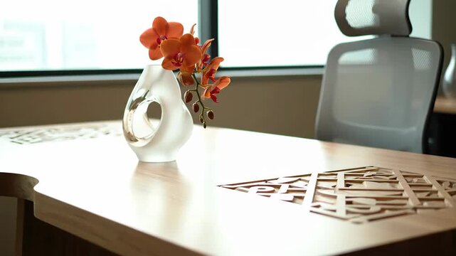 A modern office desk with an orchid vase and carved details