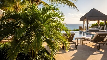 Fototapeta premium Areca Palm Enhancing a Luxury Resort-Style Outdoor Lounge Area with Tropical Landscape and Relaxing Ambience
