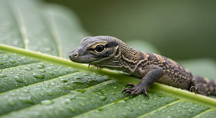 A Vulnerable Baby Komodo Dragon Hatchling on a Textured Leaf