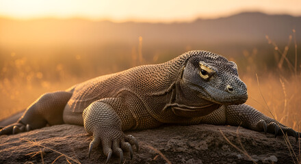 Golden Hour Portrait of a Komodo Dragon Basking in Warm Light
