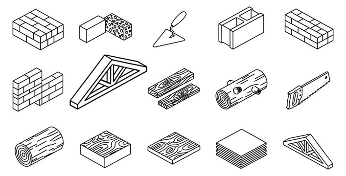 Isometric line art collection featuring various building construction materials and tools including wood logs lumber bricks concrete blocks and a hand saw