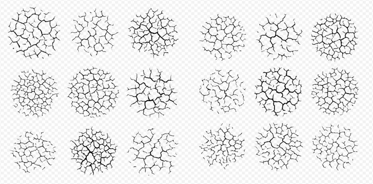 Set of dry earth cracks, drought ground texture, and desert soil patterns in circular shapes.