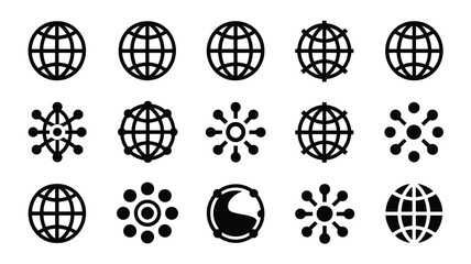 Collection of black and white globe icons and world map symbols for business and technology use