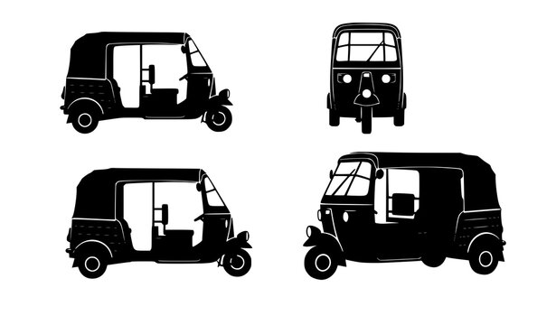 Auto rickshaw silhouette set front side back perspective vector