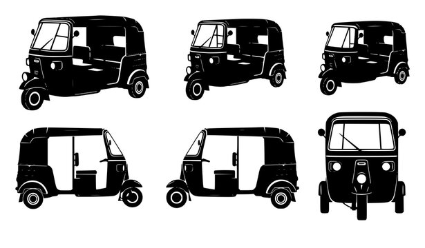 Isometric auto rickshaw silhouette vector illustration set