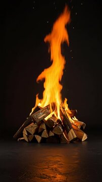Bright orange flames dance upwards from a pile of split logs on a dark reflective surface