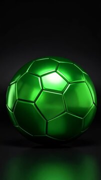 Shiny metallic green soccer ball with pentagon and hexagon panels on a dark reflective surface
