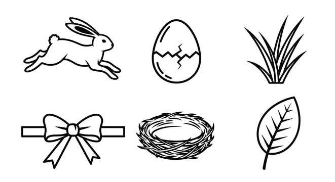 Line art icons representing various Easter and spring elements are displayed together.