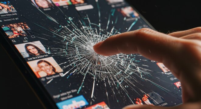 Man's finger touching a tablet with a heavily cracked screen, the display shows social media feeds with user profiles, a symbol of digital dependency and addiction for concept backgrounds.