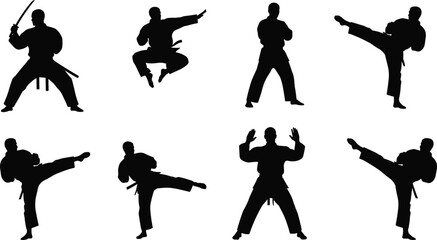 Martial arts silhouettes, karate poses, taekwondo kicks, kendo sword stance, self defense training, combat sports illustration, fitness, discipline, energy © MstAyesha