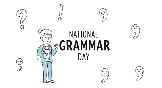 Teacher Standing with Punctuation Marks Around.