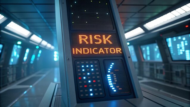A futuristic risk indicator display glows red within a blurred high tech corridor environment high quality