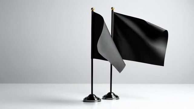 Two black flags on stands against a plain background