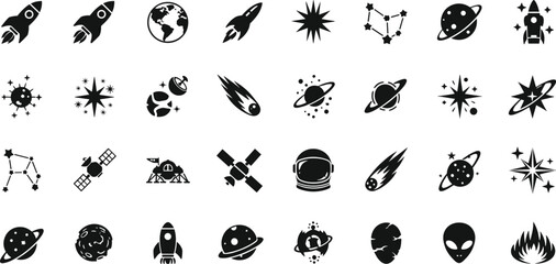 Collection of space icons including planets, rockets, stars, and galaxies © Mofajjol