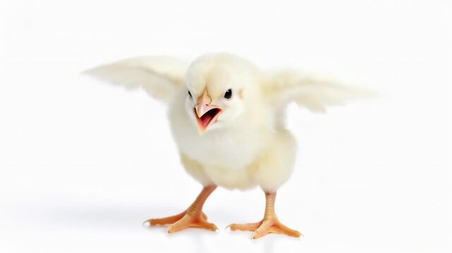 Adorable fuzzy yellow chick with spread wings and one leg raised in playful motion on white background