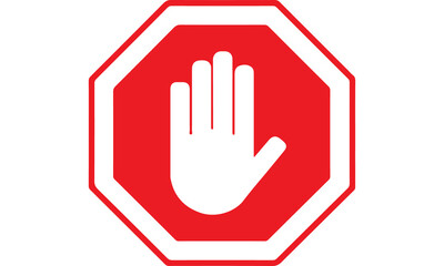 Fototapeta premium Stop sign with white hand gesture in bold red color on plain white background for safety signage