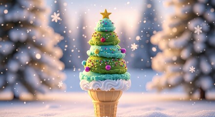 Whimsical Christmas Tree Ice Cream Cone with Colorful Sprinkles in a Snowy Winter Wonderland
