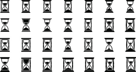 Multiple black hourglass icons on white background for time management concepts