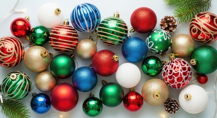 Vibrant Christmas Ornaments Collection with Pine Cone and Fairy Lights on White Background, Top View. Festive Holiday Decorations for Greeting Cards and Banners.