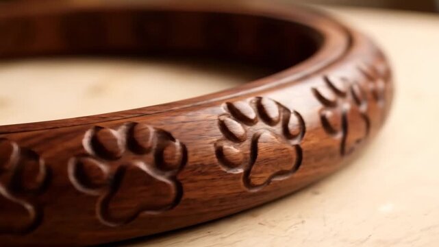 A wooden object is adorned with carved paw print patterns