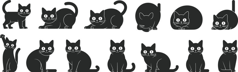 Black cat silhouettes collection in various poses sitting standing stretching and lying isolated on white background cute feline vector illustration set © Anu's World