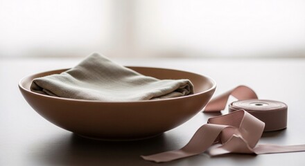 Minimalist home decor scene featuring ceramic bowl with folded linen cloth and pink ribbon roll on table for creative sewing project or elegant fabric display aesthetic