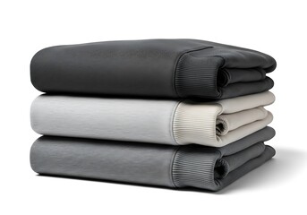 Folded sweatshirts in varying shades of gray and cream neatly stacked