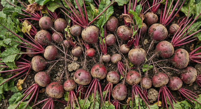 Close up of home grown beetroot picked from the ground with soil still on them fresh produce