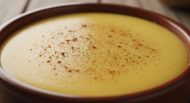 Close-up of cural, a creamy Brazilian dessert made from corn sprinkled with cinnamon, served in a rustic earthenware bowl.