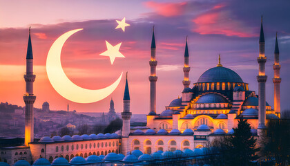 Fototapeta premium A large mosque with a crescent moon and stars in the sky