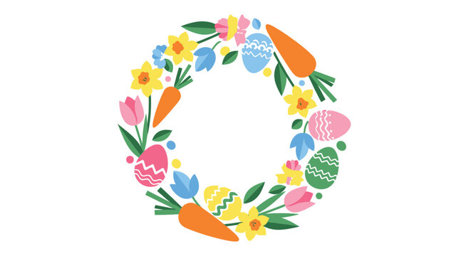 Circular wreath frame made from pastel Easter eggs, tulips, daffodils, and bright orange carrots.