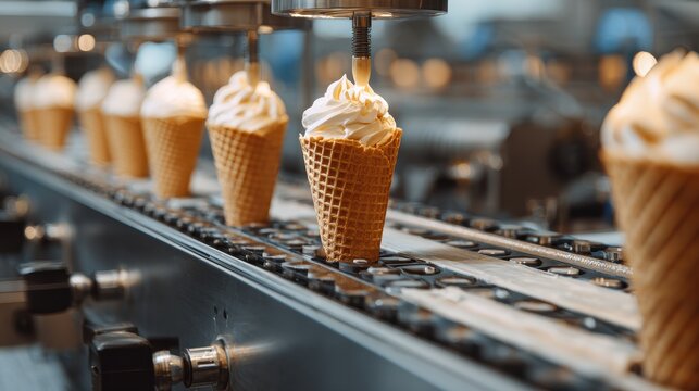 Automated production line filling vanilla ice cream into waffle cones in a modern food processing factory