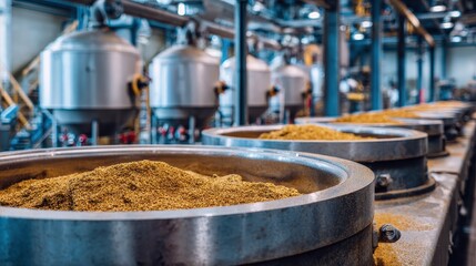 Fototapeta premium Industrial brewery facility with large stainless steel vats filled with malted grain for beer production