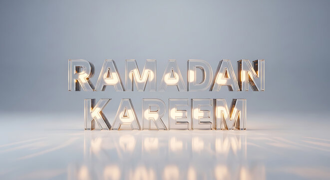 Ramadan kareem 3d glass text effect with glowing lights and reflections on polished white glossy background