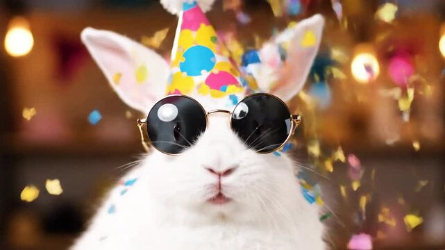 White rabbit in a party hat and sunglasses is showered with confetti
