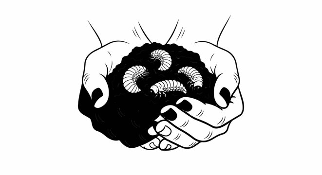 Hands cupping soil with grubs