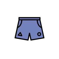 A minimalist vector illustration of blue athletic shorts with a black outline on a white background