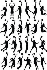 Black and white silhouette illustration featuring dynamic athletes jumping and reaching for ball in volleyball or basketball poses, arranged in grid format for design projects
