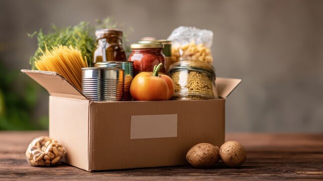 Cardboard box filled with various food supplies for donation on wooden table, food bank concept
