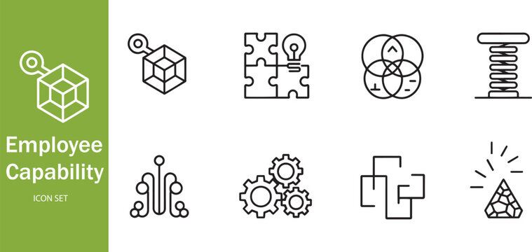 Modern Employee Capability Icon Set for Technical Logic, Value Discovery, and Strategic Knowledge Structure