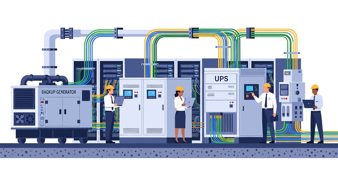 Industrial Machinery with Workers and Piping System.