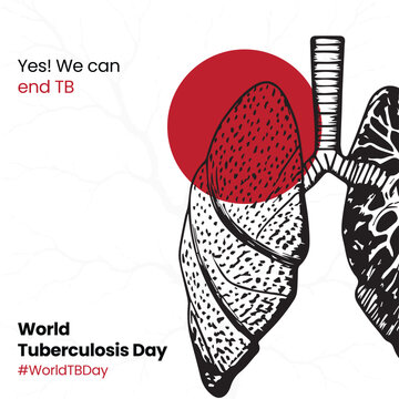 World Tuberculosis Day awareness illustration with human lungs and red circle. Features text "Yes! We can end TB" and "World Tuberculosis Day #WorldTBDay". Created in hand-drawn sketch style