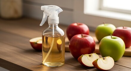 Cleaning spray bottle beside a variety of fresh apples on a kitchen countertop. apple cider vinegar spray