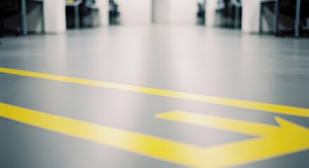 Industrial warehouse floor with bright yellow safety markings and directional arrow pointing left in blurred office or factory environment with modern grey floor finish